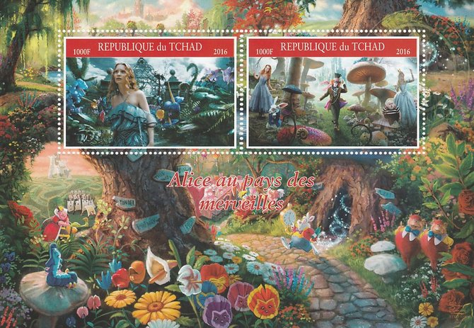 Chad 2016 Alice in Wonderland perf sheetlet containing 2 values unmounted mint. Note this item is privately produced and is offered purely on its thematic appeal. .