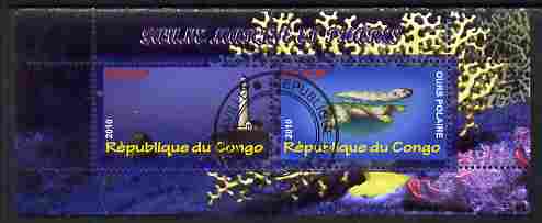 Congo 2010 Lighthouses & Marine Fauna #1 perf sheetlet containing 2 values fine cto used