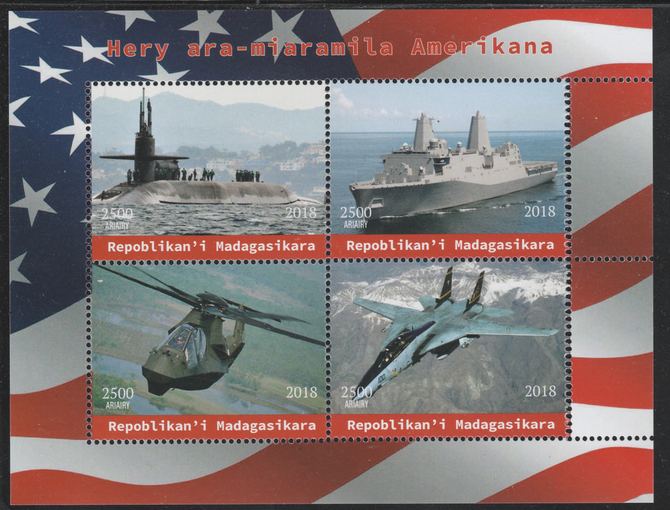 Madagascar 2018 American Military (Submarine,Cruiser, Helicopter & Jet) perf sheetlet containing 4 values unmounted mint. Note this item is privately produced and is offered purely on its thematic appeal.