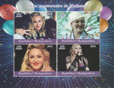 Madagascar 2018 Madonna's 60th Birthday perf sheetlet containing 4 values unmounted mint. Note this item is privately produced and is offered purely on its thematic appeal.