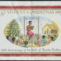 St Vincent 1987 Christmas (Charles Dickens) m/sheet (Teacher reading to Class) $5 stamp perf on 3 sides only (imperf at top) unmounted mint but creased.,(ex Format archives)