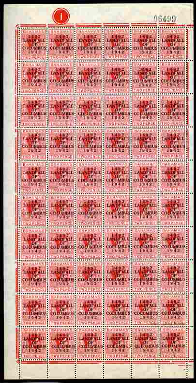 Bahamas 1942 KG6 Landfall of Columbus 2d scarlet complete left pane of 60 including plate varieties R1/1 & R 10/1 (Damaged corners) plus overprint varieties R10/2 (Flaw on O) among others, a few split perfs otherwise fine unmounted mint