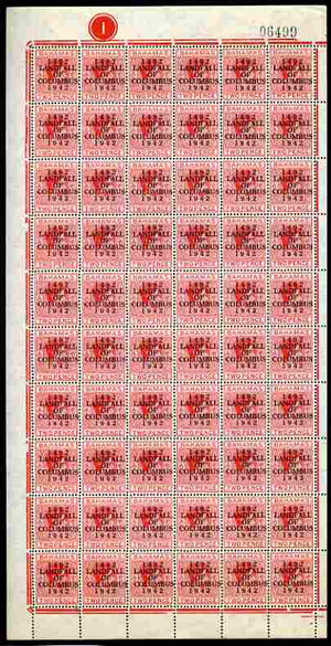 Bahamas 1942 KG6 Landfall of Columbus 2d scarlet complete left pane of 60 including plate varieties R1/1 & R 10/1 (Damaged corners) plus overprint varieties R10/2 (Flaw on O) among others, a few split perfs otherwise fine unmounted mint