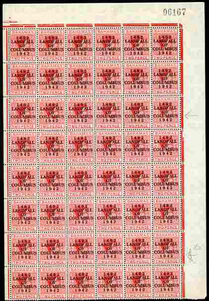 Bahamas 1942 KG6 Landfall of Columbus 2d scarlet NE corner block of 48 being the top 8 rows including the 'short T' variety on R3/6, a few split perfs otherwise fine unmounted mint