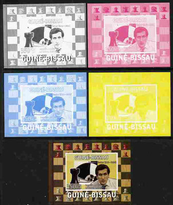 Guinea - Bissau 2008 Chess Champions - Robert Fischer individual deluxe sheetlet - the set of 5 imperf progressive proofs comprising the 4 individual colours plus all 4-colour composite, unmounted mint