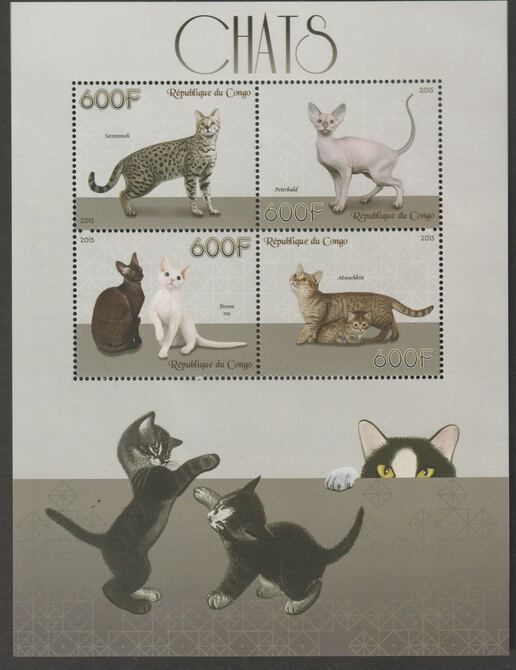 Congo 2015 Domestic Cats perf sheet containing four values unmounted mint