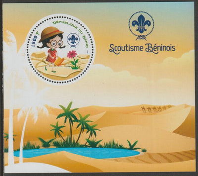 Benin 2018 Scouts #4 perf deluxe m/sheet containing one circular value unmounted mint