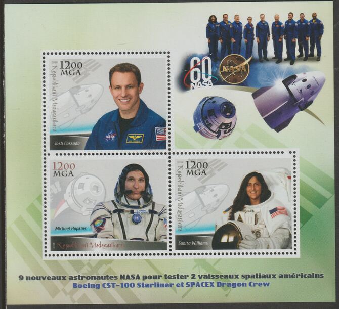 Madagascar 2018 NASA Test Astronauts #1 perf sheet containing three values unmounted mint