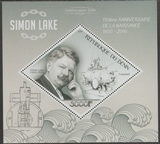 Benin 2016 Simon Lake perf m/sheet containing one diamond shaped value unmounted mint