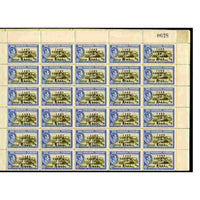 Bahamas 1942 KG6 Landfall of Columbus 6d olive-green & blue (Fort Charlotte) complete sheet of 60 including overprint varieties R6/2 (Broken 2), R7/1 (Co.lumbus) among others, a few split perfs otherwise fine unmounted mint