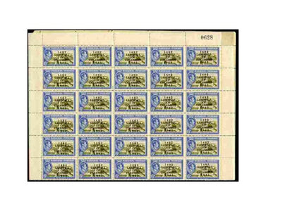 Bahamas 1942 KG6 Landfall of Columbus 6d olive-green & blue (Fort Charlotte) complete sheet of 60 including overprint varieties R6/2 (Broken 2), R7/1 (Co.lumbus) among others, a few split perfs otherwise fine unmounted mint