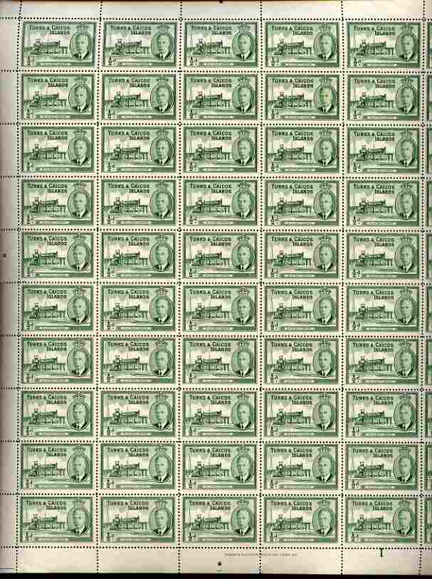 Turks & Caicos Islands 1950 KG6 Bulk Salt Loading 1/2d green in complete sheet of 60 folded but unmounted mint, SG 221