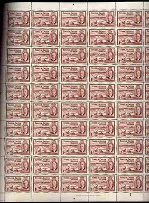 Turks & Caicos Islands 1950 KG6 Salt Cay 1d red-brown in complete sheet of 60 folded but unmounted mint, SG 222