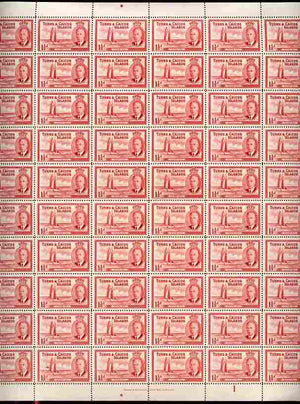 Turks & Caicos Islands 1950 KG6 Caicos Mail (Yacht) 1.5d deep carmine in complete sheet of 60 folded but unmounted mint, SG 223