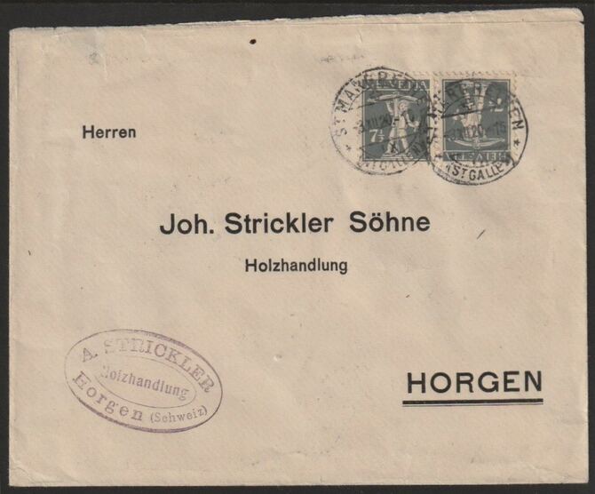 Switzerland 1920 cover bearing Tell's Son 7.5c grey tete-beche pair (type b) with St Margrethen cancels