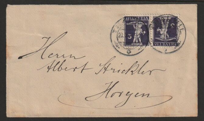 Switzerland 1927 (?) cover bearing Tell's Son 3c violet  tete-beche pair (type b) with Ambulant cancels