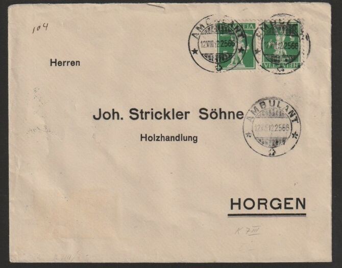 Switzerland 1925 cover bearing Tell's Son 5c green  tete-beche pair (type b) with St unclear cancels