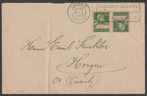 Switzerland 1923 cover bearing William Tell 10c green on buff tete-beche pair with fine Lugano slogan cancel (cover folded)