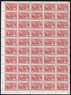 Canada 1937 KG6 Coronation 3c complete sheet of 50 with imprint & plate No.1, unmounted mint SG 356