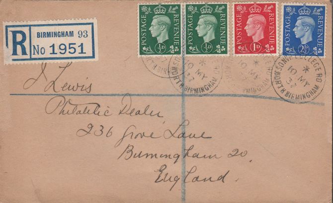 Great Britain 1937 KG6 1/2d (2), 1d & 2.5d on reg envelope with first day cancels. Note I have a small quantity of these covers so the one you receive may not be identical to the one illustrated