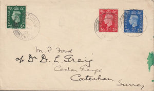 Great Britain 1937 KG6 1/2d, 1d & 2.5d on cover with clear TPO cancel of 9th May - one day before issue!