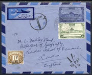 Great Britain 1952 KG6 p/stat Airmail env from Pakistan with Circle T & 1s To Pay FS tax marks,plus Great Britain 1s Postage Due (SG 39) attractive item