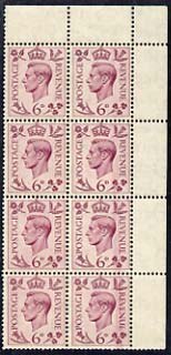 Great Britain 1937-47 KG6 6d unmounted mint corner block of 8 with good doctor blade flaw affecting 3 stamps