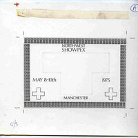 Exhibition souvenir sheet for 1975 North West Showpex - Original hand-drawn artwork for outer frame on board 230 x 192 mm (image 150 x 102 mm) with artist's rough showing initial design plus issued souvenir sheet showing Red Cross stamps