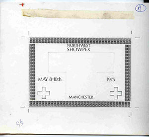 Exhibition souvenir sheet for 1975 North West Showpex - Original hand-drawn artwork for outer frame on board 230 x 192 mm (image 150 x 102 mm) with artist's rough showing initial design plus issued souvenir sheet showing Red Cross stamps