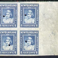 Newfoundland 1941-44 KG6 Princess Elizabeth 4c blue imperf marginal PROOF block of 4 each stamp with Waterlow security punch hole, some wrinkles but a scarce KG6 item (as SG 279)