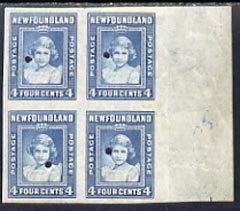 Newfoundland 1941-44 KG6 Princess Elizabeth 4c blue imperf marginal PROOF block of 4 each stamp with Waterlow security punch hole, some wrinkles but a scarce KG6 item (as SG 279)