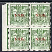 Niue 1941 KG6 Postal Fiscal Arms 5s unmounted mint block of 4 (v light gum discolouration) SG 84