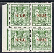 Niue 1941 KG6 Postal Fiscal Arms 5s unmounted mint block of 4 (v light gum discolouration) SG 84