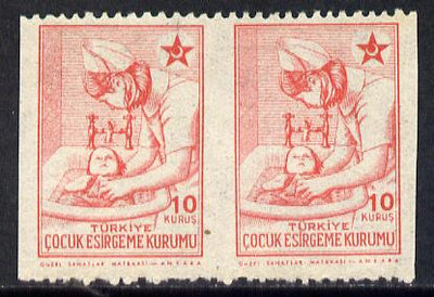 Turkey 1943-44 Obligatory Tax 10c (Nurse Bathing Baby) unmounted mint horiz pair with vertical perfs omitted, SG T1342var