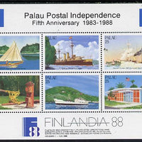 Palau 1988 'Filandia 88' Stamp Exhibition (Postal Independence - Ships) m/sheet unmounted mint, SG MS 236