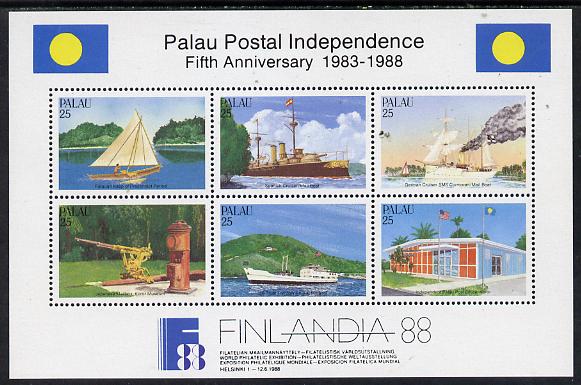 Palau 1988 'Filandia 88' Stamp Exhibition (Postal Independence - Ships) m/sheet unmounted mint, SG MS 236