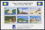 Palau 1988 'Filandia 88' Stamp Exhibition (Postal Independence - Ships) m/sheet unmounted mint, SG MS 236