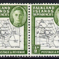 Falkland Islands Dependencies 1946-49 KG6 Thick Maps 1/2d horiz pair, one stamp with 'Broken Arc' variety, unmounted mint