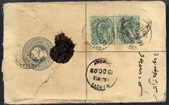 India 1902 QV 2a reg envelope to Bombay with additional 2 x 1/2a KE7,well tied