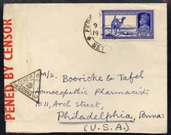 India 1944 cover to USA bearing KG6 3a6p just tied, with Censor tape and censor triangle