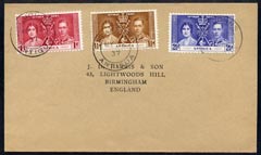 Antigua 1937 KG6 Coronation set of 3 on cover with first day cancel addressed to the forger, J D Harris.,Harris was imprisoned for 9 months after Robson Lowe exposed him for applying forged first day cancels to Coronation covers (details supplied).