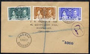 Bahamas 1937 KG6 Coronation set of 3 on reg cover with first day cancel addressed to the forger, J D Harris.,Harris was imprisoned for 9 months after Robson Lowe exposed him for applying forged first day cancels to Coronation cove……Details Below