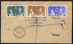 Bahamas 1937 KG6 Coronation set of 3 on reg cover with first day cancel addressed to the forger, J D Harris.,Harris was imprisoned for 9 months after Robson Lowe exposed him for applying forged first day cancels to Coronation cove……Details Below