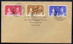 Barbados 1937 KG6 Coronation set of 3 on cover with first day cancel addressed to the forger, J D Harris.,Harris was imprisoned for 9 months after Robson Lowe exposed him for applying forged first day cancels to Coronation covers (details supplied).