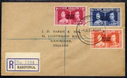 Cook Islands 1937 KG6 Coronation set of 3 on cover with first day cancel addressed to the forger, J D Harris.,Harris was imprisoned for 9 months after Robson Lowe exposed him for applying forged first day cancels to Coronation cov……Details Below