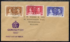 Gambia 1937 KG6 Coronation set of 3 on cover with first day cancel addressed to the forger, J D Harris.,Harris was imprisoned for 9 months after Robson Lowe exposed him for applying forged first day cancels to Coronation covers (details supplied).