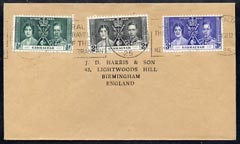 Gibraltar 1937 KG6 Coronation set of 3 on cover with first day cancel addressed to the forger, J D Harris.,Harris was imprisoned for 9 months after Robson Lowe exposed him for applying forged first day cancels to Coronation covers (details supplied).