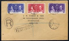 Grenada 1937 KG6 Coronation set of 3 on plain cover with first day cancel addressed to the forger, J D Harris.,Harris was imprisoned for 9 months after Robson Lowe exposed him for applying forged first day cancels to Coronation co……Details Below