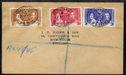 Gambia 1937 KG6 Coronation set of 3 on reg cover with first day cancel addressed to the forger, J D Harris.,Harris was imprisoned for 9 months after Robson Lowe exposed him for applying forged first day cancels to Coronation cover……Details Below