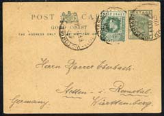 Gold Coast 1913 QV 1/2d p/stat card to Germany bearing additional KE7 1/2d cancelled VICTORIABORG, corner creased